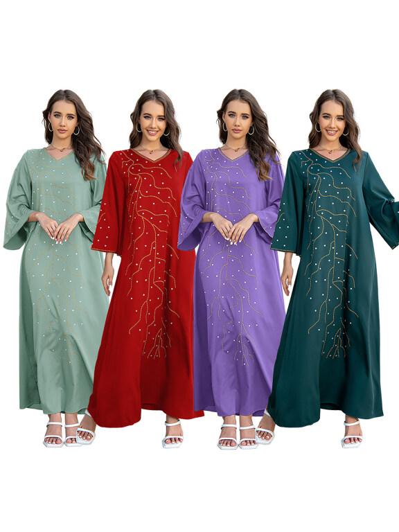 Women's Casual Muslim Plain Gold Thread Embroidery Rhinestone 3/4 Sleeve V Neck Abaya Robe Dress, Clothing Wholesale Market -LIUHUA, SPECIALTY
