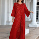Women's Casual Muslim Plain Gold Thread Embroidery Rhinestone 3/4 Sleeve V Neck Abaya Robe Dress Red Clothing Wholesale Market -LIUHUA