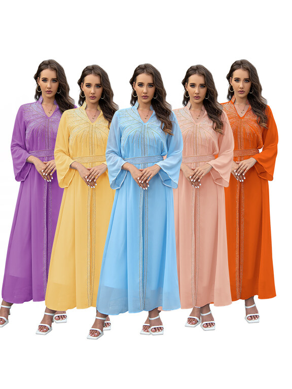 Women's Fashion Plain Rhinestone Split Front Long Sleeve Notched Neck Abaya Robe Dress With Belt, Clothing Wholesale Market -LIUHUA, 