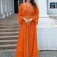 Women's Fashion Plain Rhinestone Split Front Long Sleeve Notched Neck Abaya Robe Dress With Belt Orange Clothing Wholesale Market -LIUHUA