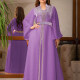 Women's Fashion Plain Rhinestone Split Front Long Sleeve Notched Neck Abaya Robe Dress With Belt Purple Clothing Wholesale Market -LIUHUA