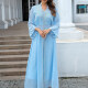 Women's Fashion Plain Rhinestone Split Front Long Sleeve Notched Neck Abaya Robe Dress With Belt Blue Clothing Wholesale Market -LIUHUA