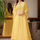 Women's Fashion Plain Rhinestone Split Front Long Sleeve Notched Neck Abaya Robe Dress With Belt Yellow Clothing Wholesale Market -LIUHUA