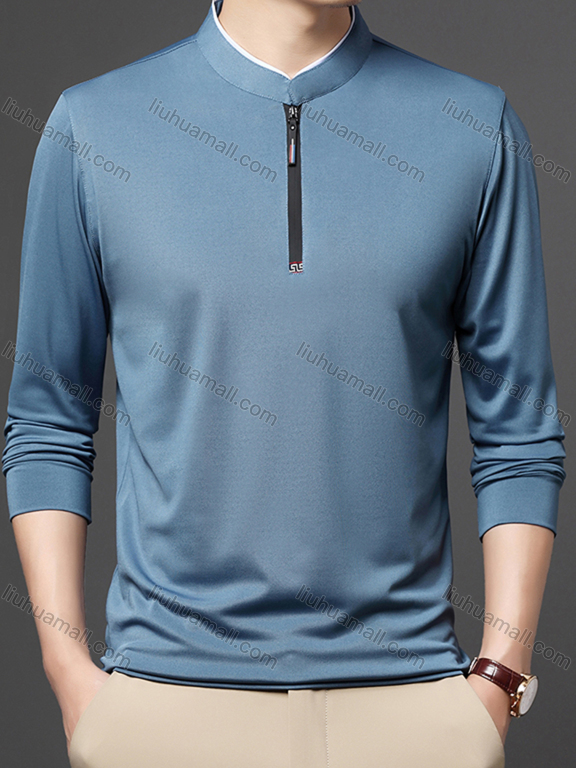 Wholesale Men's Casual Plain Mock Neck Quarter Zip Long Sleeve Henley Shirt 2211#