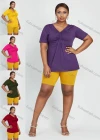 Wholesale Women's Casual Plain Ruched Short Sleeve V Neck Button Front Daily Top - Liuhuamall