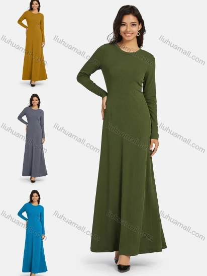 Wholesale Women's Casual Plain Crew Neck Rib-Knit Maxi Dress