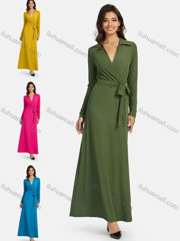 Wholesale Women's Casual Plain Turn Down Collar Rib-knit Lace Up Maxi Dress