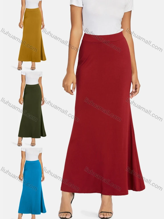 Wholesale Women's Casual Plain High Waist Elastic Waist Maxi Skirt