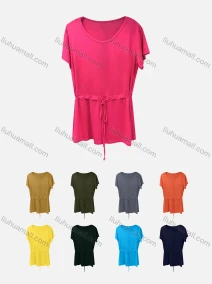 Wholesale Women's Casual Scoop Neck Short Sleeve Drawstring Plain Blouse, LIUHUA CLOTHING WHOLESALE