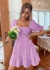 Wholesale Women's Square Neck Puff Sleeve Open Back Bow Knot Back Ruffle Hem Plain Short Dress AY181# - Liuhuamall