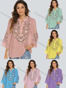 Wholesale Women's Casual Embroidered Floral Notched 3/4 Sleeve Blouse, LIUHUA CLOTHING WHOLESALE