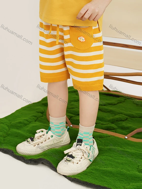 Wholesale Kids Casual Drawstring Patch Pocket Striped Knit Shorts MB22AKZ625#