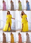 Wholesale Women's Plain Off Shoulder Split Ruffle Trim Floor Length Cocktail Dress - Liuhuamall