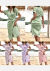 Wholesale Women's Casual Plain Wrap Short Sleeve Ruched Wrap Hem Midi Dress - Liuhuamall