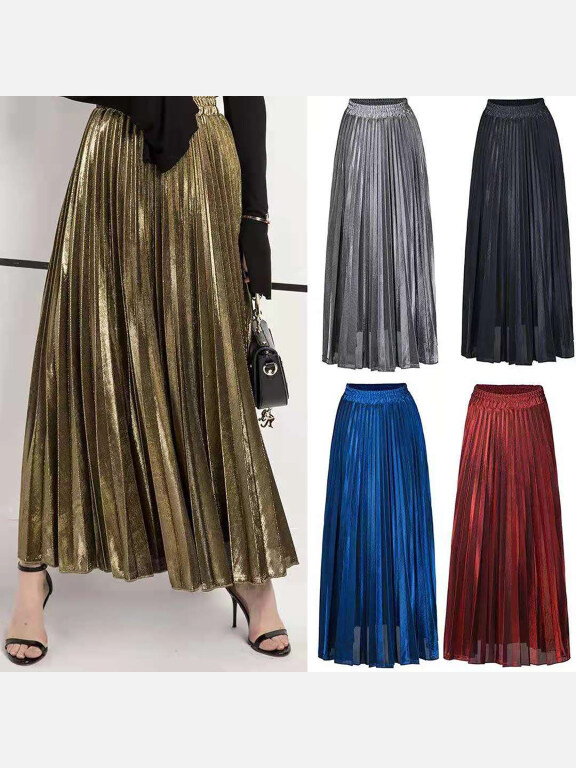 Women's Glitters Pleated Elastic Waist Maxi Skirt, Clothing Wholesale Market -LIUHUA, Skirts