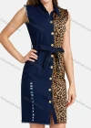 Wholesale Women's Casual Lace Up Leopard Print Button Closure Frayed Raw Hem Denim Dress - Liuhuamall