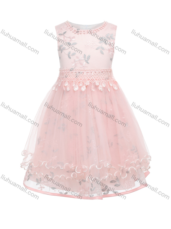 Wholesale Girls 3D Floral Embroidery Lace Layered Hem Flower Girl Dress