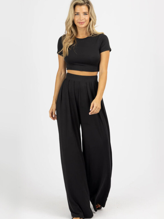Women's Casual Short Sleeve Plain Crop Tops&Wide Leg Pants 2 Piece Sets, Clothing Wholesale Market -LIUHUA, All Categories