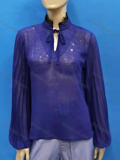 Wholesale Women's Casual Stand Collar Puff Sleeve See Through Eyelash Lace Blouse