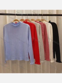 Wholesale Women's Casual Long Sleeve Mock Neck Lettuce Trim Plain Knit Tops, LIUHUA CLOTHING WHOLESALE