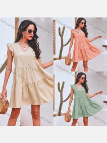 Wholesale Women's Causal V Neck Ruffle Sleeve Tiered Plain Dress, LIUHUA CLOTHING WHOLESALE