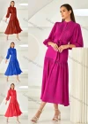 Wholesale Women's Elegant Stand Neck Button Front 3/4 Sleeve Ruched Ruffle Hem Midi Dress With Belt - Liuhuamall