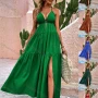 Wholesale Women's Sexy Plain Deep V Neck Spaghetti Straps Crisscross Back Split Side Maxi Cami Dress preview