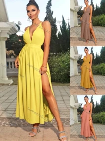 Wholesale Women's Sexy Plain Deep V Neck Spaghetti Straps Ruched Crisscross Back High Waist Split Side Cocktail Maxi Cami Dress, LIUHUA CLOTHING WHOLESALE
