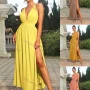 Wholesale Women's Sexy Plain Deep V Neck Spaghetti Straps Ruched Crisscross Back High Waist Split Side Cocktail Maxi Cami Dress preview