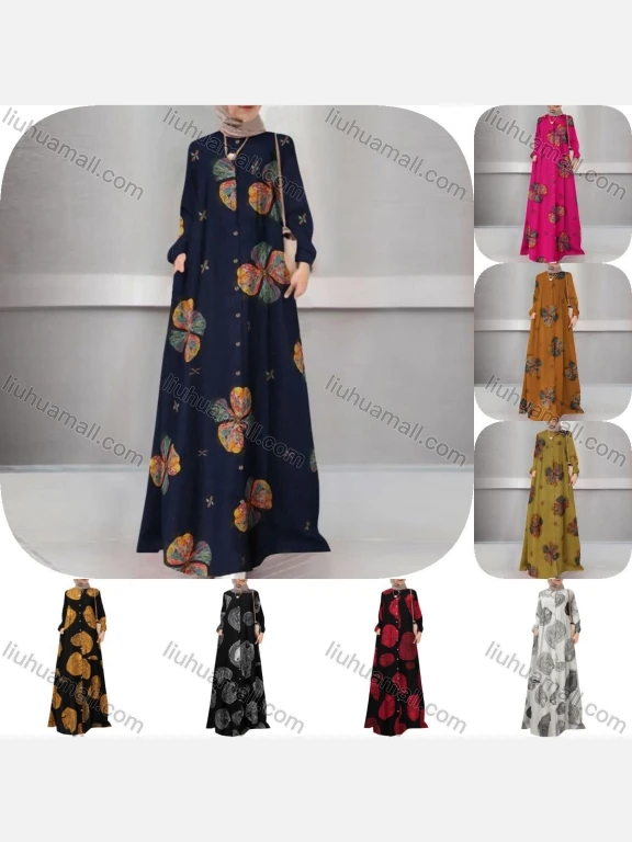 Wholesale Women's Islamic Muslim Button Down Floral Floor Length Abaya Dress