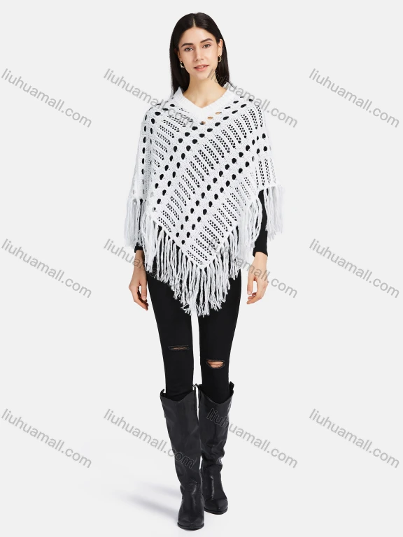 Wholesale Women's V Neck Knitted Hollow Out Fringe Trim Scarf Hem Cape