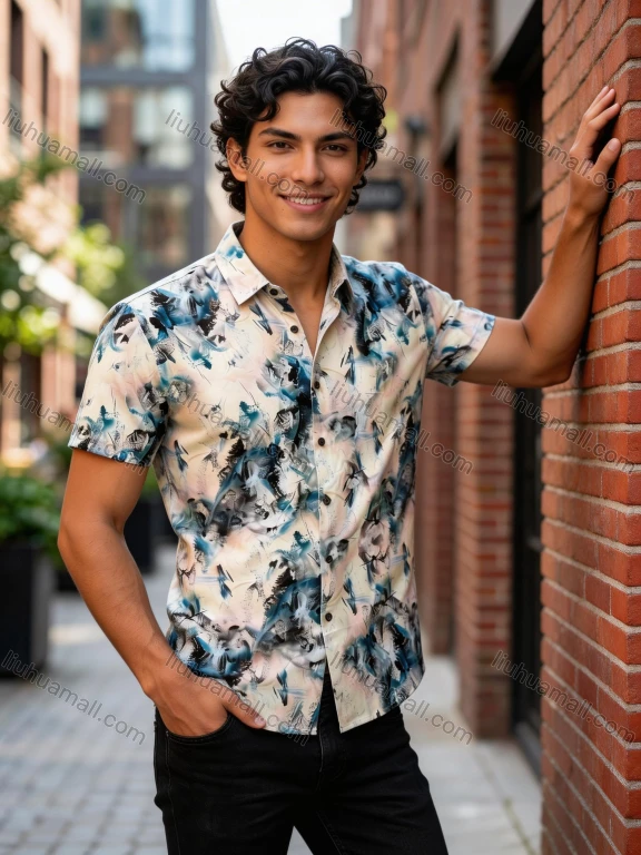 Wholesale 2026 Men's Slim Fit Short Sleeve Abstract Ink - Wash Print Casual Business Shirt | Wholesale In Stock