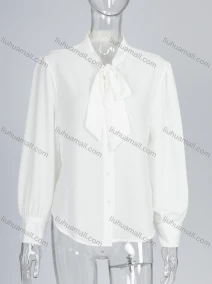 Wholesale Women's Elegant Plain Tie Neck Ruched Button Down Long Sleeve Blouse, LIUHUA CLOTHING WHOLESALE