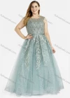 Wholesale Women's Elegant Round Neck Pearl Appliques Leaf Print Mesh Belted Evening Dress - Liuhuamall