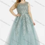 Wholesale Women's Elegant Round Neck Pearl Appliques Leaf Print Mesh Belted Evening Dress preview