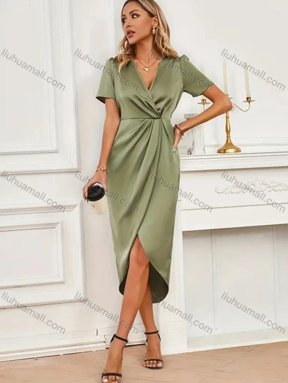 Wholesale Women’s Satin V-Neck Wrap Cocktail Midi Dress With Short Sleeves Chic Side Slit Elegant Style