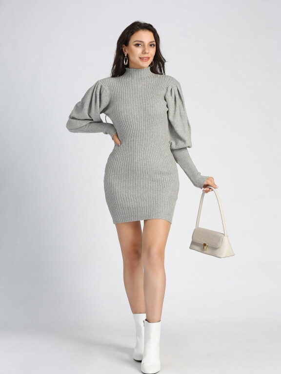 Women's High Neck Plain Ribbed Knitted Leg of Mutton Sleeve Short Sweater Dress, Clothing Wholesale Market -LIUHUA, All Categories