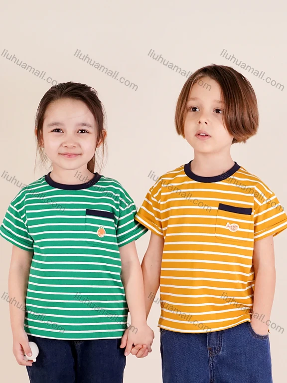Wholesale Kids Casual Crew Neck Short Sleeve Striped Print Patch Pocket T-shirt MB21BTX466#
