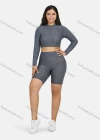 Wholesale Women's Sport Plain Textured Zipper Long Sleeve Top & Shorts Sets - Liuhuamall