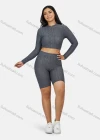 Wholesale Women's Sport Plain Textured Zipper Long Sleeve Top & Shorts Sets - Liuhuamall