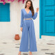 Women's Casual Wrap Long Sleeve Plain Crop Top & Ruched Wide Pants 2 Piece Set Blue Clothing Wholesale Market -LIUHUA
