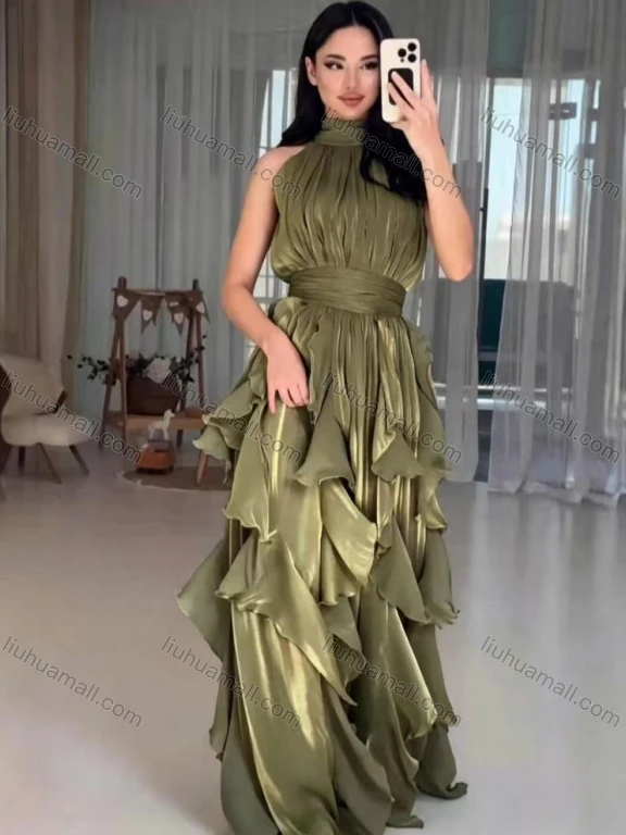 Wholesale Women's Elegant Halter Neck Ruched Waist Tiered Ruffle Chiffon Maxi Evening Dress #A9803
