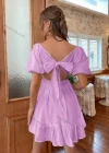 Wholesale Women's Square Neck Puff Sleeve Open Back Bow Knot Back Ruffle Hem Plain Short Dress AY181# - Liuhuamall