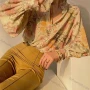 Wholesale Women's Ruffle Neck Button Decor Bishop Sleeve Floral Print Casual Top AY017# preview