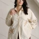 Wholesale Women's Plus Size Button-Up Shirt with Palm Leaf Embroidery and Relaxed Fit Peach Clothing Wholesale Market Liuhua