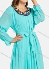 Wholesale Women's Casual Poet Sleeve Pearl Decor Lace Up Plain Maxi Dress - Liuhuamall