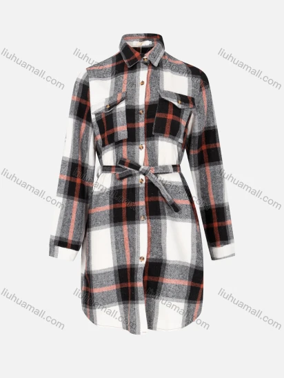 Wholesale Women's Fashion Plaid Print Lapel Patch Pockets Button Down Long Sleeve Shirt Dress With Belt TL2118#