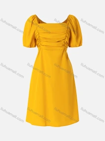Wholesale Women's Elegant Plain Square Neck Short Sleeve Ruched Midi Dress 0584#, LIUHUA CLOTHING WHOLESALE