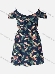 Wholesale Women's Elegant Allover Leaf Print Wrap V Neck Cold Shoulder Ruched Ruffle Trim Short Dress 0585#, LIUHUA CLOTHING WHOLESALE