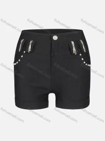 Wholesale Women's Casual Pearl Buttons Zipper Pockets Plain Short, LIUHUA CLOTHING WHOLESALE